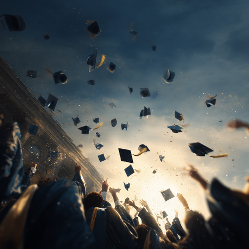 Graduation caps in the air